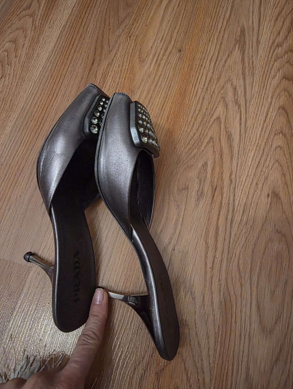 Prada Siver Leather Jeweled Square-Toe Mules - Picture 3 of 9